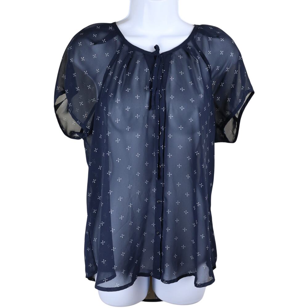 Old Navy Womens Large Navy Sheer Blouse Tie Neck Button Front Short Sleeve Top